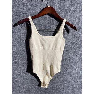Ribbed Bodysuit Womens Small White Scoop Neck One Piece Knit Stretch Tagless